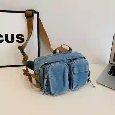 德力熊 复古百搭休闲斜挎包轻便可手提 牛仔布 腰包 男女同款情侣款 黑色/蓝色/深蓝色