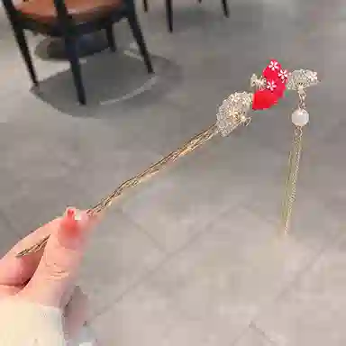 彤彤兔 国风红色可摆动步摇扇子流苏汉服 发簪 女款