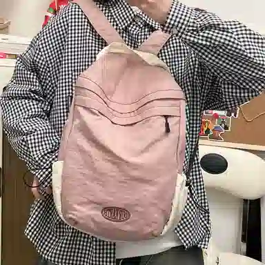 彤彤兔 纯色简约百搭 水洗布 双肩包背包 男女同款情侣款 藕色/绿色