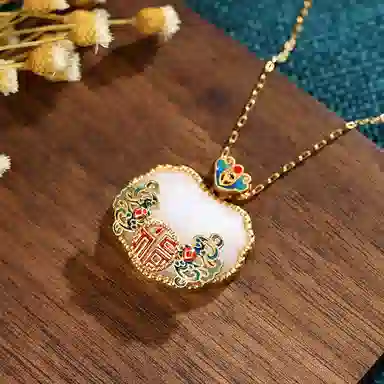 彤彤兔 国潮宫廷民族风饰品福气临门平安锁挂坠复古 铜 人工宝石 项链 女款