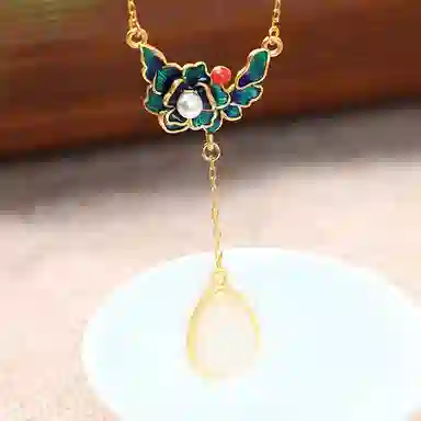 彤彤兔 国潮宫廷复古 景泰蓝牡丹花水滴挂坠 铜 项链 女款