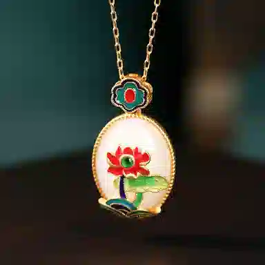 彤彤兔 国潮珐琅工艺莲花无事牌复古 铜 项链 女款