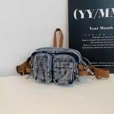 德力熊 复古百搭休闲斜挎包轻便可手提 牛仔布 腰包 男女同款情侣款 黑色/蓝色/深蓝色