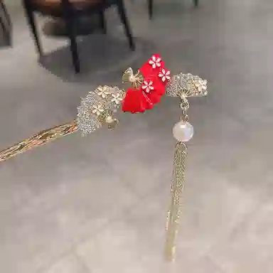 彤彤兔 国风红色可摆动步摇扇子流苏汉服 发簪 女款