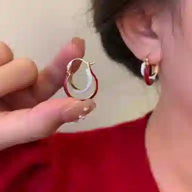 彤彤兔 复古安可拉红撞色几何圆圈耳扣小众秋冬气质 铜 耳环 女款