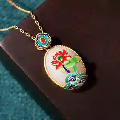 彤彤兔 国潮珐琅工艺莲花无事牌复古 铜 项链 女款