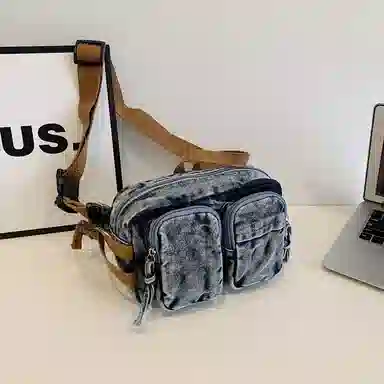 德力熊 复古百搭休闲斜挎包轻便可手提 牛仔布 腰包 男女同款情侣款 黑色/蓝色/深蓝色