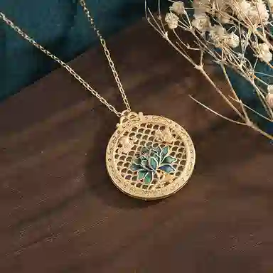 彤彤兔 国风景泰蓝珐琅彩绘莲花圆牌玉佩挂件复古 铜 项链 女款