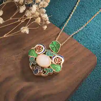 彤彤兔 国风古装旗袍配饰珐琅彩绘工艺荷叶莲花复古 铜 项链 女款