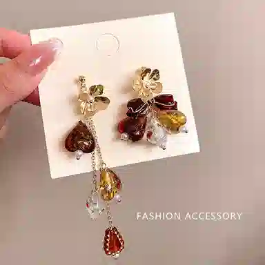 彤彤兔 不对称花朵流苏耳钉女复古港风美拉德气质长款高级感轻奢 合金 耳环 女款