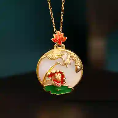 彤彤兔 国潮新品珐琅彩荷塘月色平安无事牌 人工宝石 铜 项链 女款