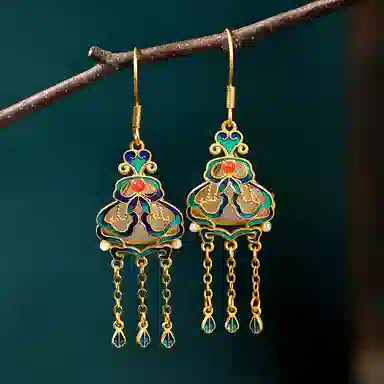 彤彤兔 国潮新中式旗袍汉服配饰珐琅彩镀金镶复古流苏 人工宝石 耳环 女款