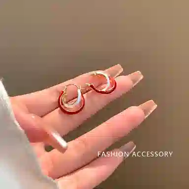 彤彤兔 复古安可拉红撞色几何圆圈耳扣小众秋冬气质 铜 耳环 女款
