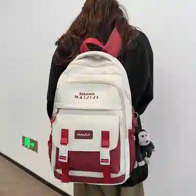 彤彤兔 美式复古撞色百搭 尼龙 双肩包 男女同款情侣款 黑色/蓝色/白红/卡其