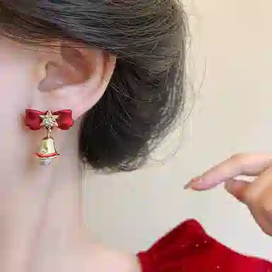 彤彤兔 韩系红色蝴蝶结耳钉女圣诞铃铛轻奢雪花氛围感 树脂 耳环 女款