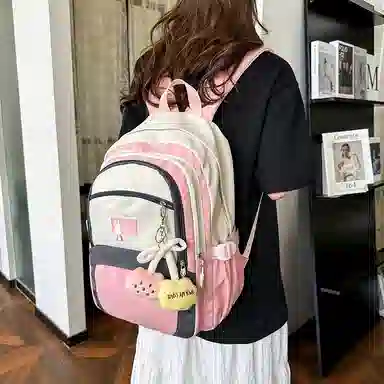 彤彤兔 撞色设计简约 尼龙 书包背包双肩包 女款 粉色/绿色/黑色