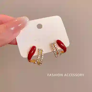 彤彤兔 韩系安可拉红色耳钉女百搭小众高级感时尚镶钻过年喜庆 合金 耳环 女款