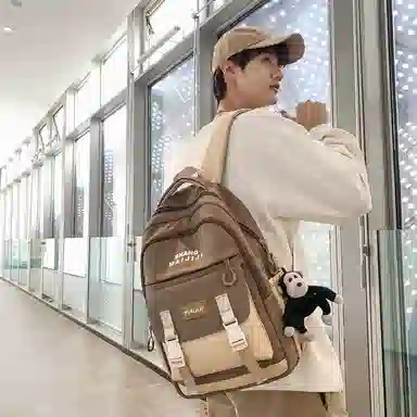 彤彤兔 美式复古撞色百搭 尼龙 双肩包 男女同款情侣款 黑色/蓝色/白红/卡其