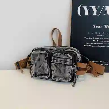 德力熊 复古百搭休闲斜挎包轻便可手提 牛仔布 腰包 男女同款情侣款 黑色/蓝色/深蓝色