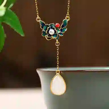 彤彤兔 国潮宫廷复古 景泰蓝牡丹花水滴挂坠 铜 项链 女款