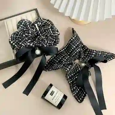 彤彤兔 韩版小香风大肠黑白格子粗线条头花扎马尾发绳发饰 布艺 发圈 女款