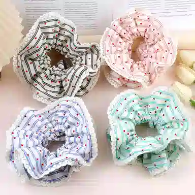 彤彤兔 赫本风波点爱心大肠圈细条纹双层蕾丝边小蛮腰扎马尾头花发饰 布料 发圈 女款