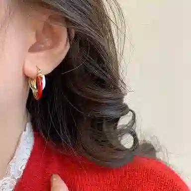 彤彤兔 复古安可拉红撞色几何圆圈耳扣小众秋冬气质 铜 耳环 女款