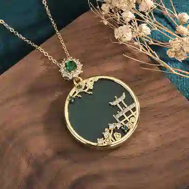 彤彤兔 中式古风色绿圆形山水无事牌 铜 项链 女款