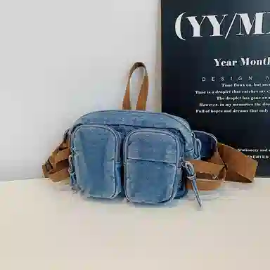 德力熊 复古百搭休闲斜挎包轻便可手提 牛仔布 腰包 男女同款情侣款 黑色/蓝色/深蓝色