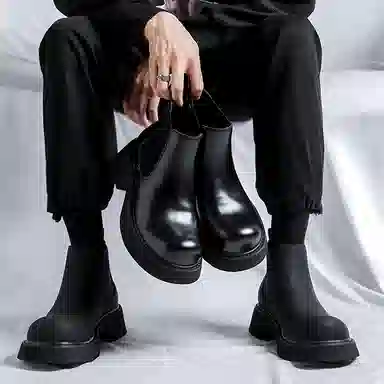 超纤皮 潮流韩版英伦风厚底复古时尚舒适百搭圆头 短筒 切尔西靴 男款 黑色