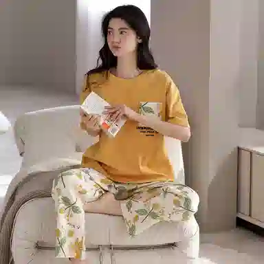 顶瓜瓜 纯棉宽松家居服短袖长裤休闲可外穿大码宽松睡衣套装 女款 图片色