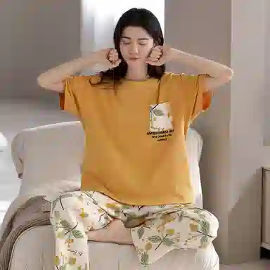 顶瓜瓜 纯棉宽松家居服短袖长裤休闲可外穿大码宽松睡衣套装 女款 图片色