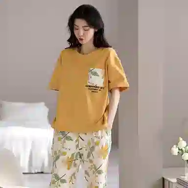 顶瓜瓜 纯棉宽松家居服短袖长裤休闲可外穿大码宽松睡衣套装 女款 图片色