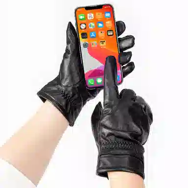 上海故事 时尚加绒加厚外出骑车防风防寒出行防水保暖 羊皮革 绒线手套 男款 黑色