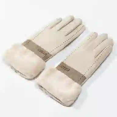 上海故事 百搭拼色加绒毛口户外出百搭骑行防寒 绵羊毛 绒线手套 女款