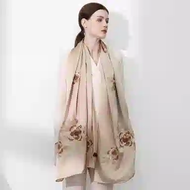 上海故事 真丝刺绣素绉缎长巾 丝韵牡丹 桑蚕丝 丝巾 女款