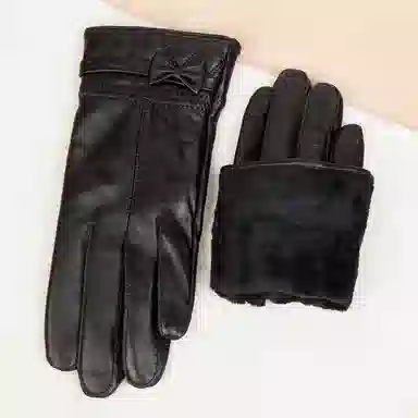 上海故事 真皮加绒加厚保暖外出骑行防风防寒防泼水可触屏 羊皮革 绒线手套 女款 黑色