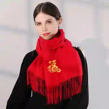 上海故事 送福喜庆红加厚保暖外搭送礼 绵羊毛 绒线围巾 男女同款情侣款