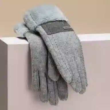 上海故事 百搭拼色加绒毛口户外出百搭骑行防寒 绵羊毛 绒线手套 女款