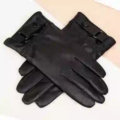 上海故事 时尚加绒加厚外出骑车防风防寒出行防水保暖 羊皮革 绒线手套 男款 黑色