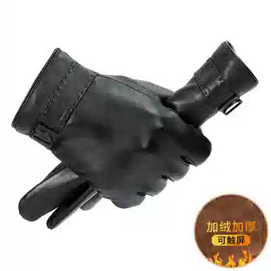 上海故事 时尚加绒加厚外出骑车防风防寒出行防水保暖 羊皮革 绒线手套 男款 黑色