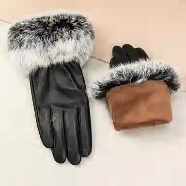 上海故事 秋冬季防风防寒开车骑行加绒保暖时尚真皮轻奢 羊皮革 手套 女款 黑色