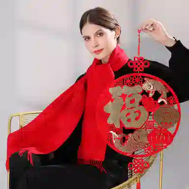 上海故事 纯色暖糯亲肤围脖 山羊绒 绒线围巾 男女同款情侣款 中国红礼盒装