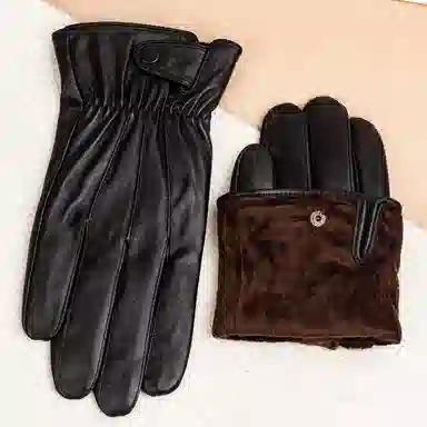 上海故事 时尚加绒加厚外出骑车防风防寒出行防水保暖 羊皮革 绒线手套 男款 黑色