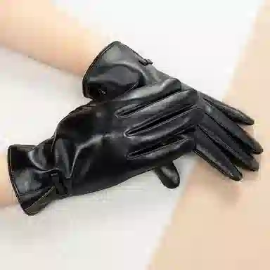 上海故事 真皮加绒加厚保暖外出骑行防风防寒防泼水可触屏 羊皮革 绒线手套 女款 黑色