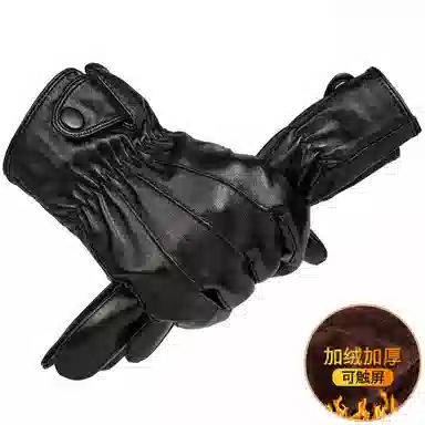 上海故事 时尚加绒加厚外出骑车防风防寒出行防水保暖 羊皮革 绒线手套 男款 黑色