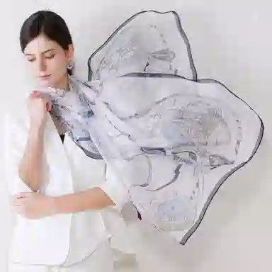 上海故事 春花秋月喷绘真丝长巾 桑蚕丝 丝巾 女款