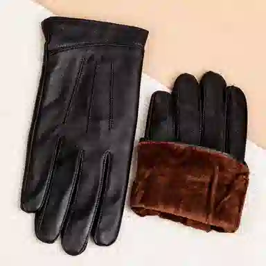 上海故事 时尚加绒加厚外出骑车防风防寒出行防水保暖 羊皮革 绒线手套 男款 黑色