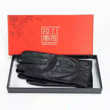 上海故事 真皮加绒加厚保暖外出骑行防风防寒防泼水可触屏 羊皮革 绒线手套 女款 黑色