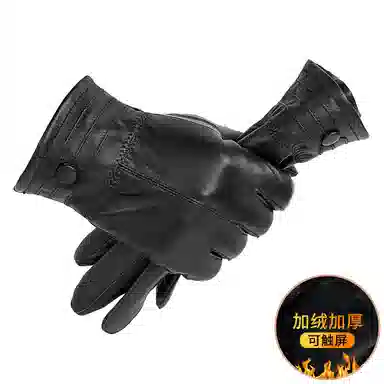 上海故事 时尚加绒加厚外出骑车防风防寒出行防水保暖 羊皮革 绒线手套 男款 黑色